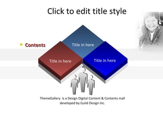 Click to edit title style ThemeGallery  is a Design Digital Content & Contents mall developed by Guild Design Inc. Contents Title in here Title in here Title in here 