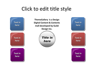Click to edit title style Text in here Text in here Text in here Text in here Text in here Text in here ThemeGallery  is a Design Digital Content & Contents mall developed by Guild Design Inc. Title in here 