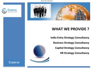 WHAT WE PROVIDE ? India Entry Strategy Consultancy Business Strategy Consultancy Capital Strategy Consultancy HR Strategy Consultancy WHAT WE PROVIDE? 