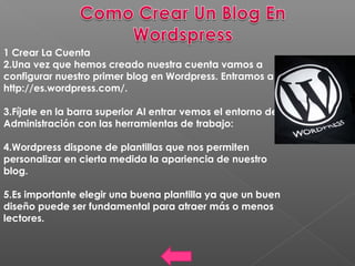 1 Crear La Cuenta
2.Una vez que hemos creado nuestra cuenta vamos a
configurar nuestro primer blog en Wordpress. Entramos a
http://es.wordpress.com/.
3.Fíjate en la barra superior Al entrar vemos el entorno de
Administración con las herramientas de trabajo:
4.Wordpress dispone de plantillas que nos permiten
personalizar en cierta medida la apariencia de nuestro
blog.
5.Es importante elegir una buena plantilla ya que un buen
diseño puede ser fundamental para atraer más o menos
lectores.
 