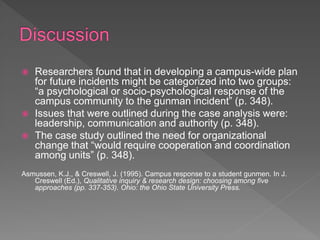  Researchers found that in developing a campus-wide plan
for future incidents might be categorized into two groups:
“a psychological or socio-psychological response of the
campus community to the gunman incident” (p. 348).
 Issues that were outlined during the case analysis were:
leadership, communication and authority (p. 348).
 The case study outlined the need for organizational
change that “would require cooperation and coordination
among units” (p. 348).
Asmussen, K.J., & Creswell, J. (1995). Campus response to a student gunmen. In J.
Creswell (Ed.), Qualitative inquiry & research design: choosing among five
approaches (pp. 337-353). Ohio: the Ohio State University Press.
 