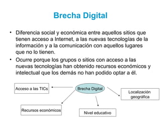 Brecha Digital
• Diferencia social y económica entre aquellos sitios que
tienen acceso a Internet, a las nuevas tecnologías de la
información y a la comunicación con aquellos lugares
que no lo tienen.
• Ocurre porque los grupos o sitios con acceso a las
nuevas tecnologías han obtenido recursos económicos y
intelectual que los demás no han podido optar a él.
Brecha DigitalAcceso a las TICs
Recursos económicos
Localización
geográfica
Nivel educativo
 
