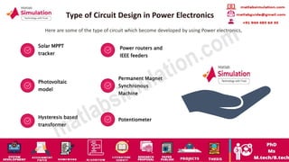 Type of Circuit Design in Power Electronics
Here are some of the type of circuit which become developed by using Power electronics,
Solar MPPT
tracker
Power routers and
IEEE feeders
Photovoltaic
model
Permanent Magnet
Synchronous
Machine
Hysteresis based
transformer
Potentiometer