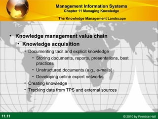 <ul><li>Knowledge management value chain </li></ul><ul><ul><li>Knowledge acquisition </li></ul></ul><ul><ul><ul><li>Docume...