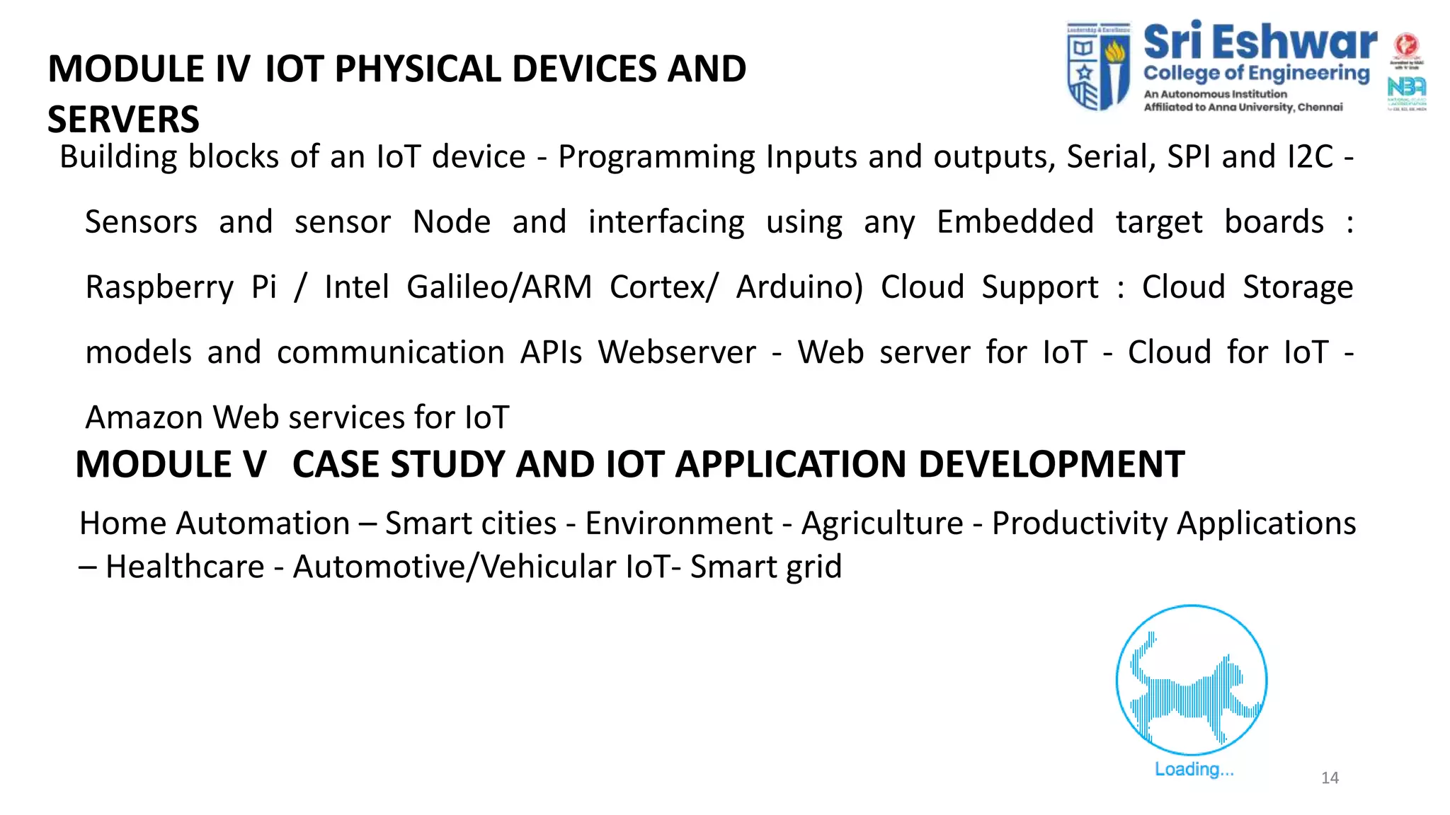 14
14
MODULE IV IOT PHYSICAL DEVICES AND
SERVERS
Building blocks of an IoT device - Programming Inputs and outputs, Serial, SPI and I2C -
Sensors and sensor Node and interfacing using any Embedded target boards :
Raspberry Pi / Intel Galileo/ARM Cortex/ Arduino) Cloud Support : Cloud Storage
models and communication APIs Webserver - Web server for IoT - Cloud for IoT -
Amazon Web services for IoT
MODULE V CASE STUDY AND IOT APPLICATION DEVELOPMENT
Home Automation – Smart cities - Environment - Agriculture - Productivity Applications
– Healthcare - Automotive/Vehicular IoT- Smart grid
 