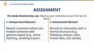 ASSIGNMENT
The Daily Relationship Log: Observe your interactions over the next 24
hours.
1. Interpersonal Moment
Record a moment where you
treated someone with
genuine kapwa (e.g., active
listening, assisting a peer).
2. Institutional Moment
Record an interaction with a
formal structure (e.g.,
following campus rules,
transit laws, civic duties).
 