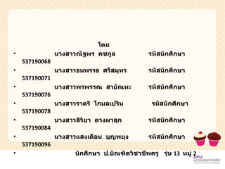 โดย   นางสาวณัฐพร  คชกูล  รหัสนักศึกษา  537190068   นางสาวธนพรรธ  ศรีสมุทร  รหัสนักศึกษา  537190071   นางสาวพรพรรณ  สายัณหะ รหัสนักศึกษา  537190076   นางสาวราตรี  โกมลเปริน   รหัสนักศึกษา  537190078   นางสาวสิริยา  ดวงผาสุก รหัสนักศึกษา  537190084   นางสาวแสงเดือน  บุญพยุง รหัสนักศึกษา  537190096 นักศึกษา  ป . บัณฑิตวิชาชีพครู  รุ่น  13   หมู่  2 