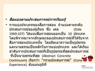 สื่อแบ่งตามประสบการณ์การเรียนรู้ การแบ่งประเภทของสื่อการสอน  ถ้าแบ่งตามระดับประสบการณ์ของผู้เรียน  ซึ่ง  เดล  ( Dale 1969:107 )   ได้แบ่งสื่อการสอนออกเป็น  10  ประเภท  โดยพิจารณาจากลักษณะของประสบการณ์ที่ได้รับจากสื่อการสอนประเภทนั้น  โดยยึดเอาความเป็นรูปธรรมและนามธรรมเป็นหลักในการแบ่งประเภท  และได้เรียงลำดับจากประสบการณ์ที่เป็นรูปธรรมที่สุดประสบการณ์  ที่เป็นนามธรรมที่สุด  ( Abstract  Concrete  Continuum )   เรียกว่า  “ กรวยประสบการณ์ ”   ( Cone  of  Experience )  ดังแผนภูมิที่   