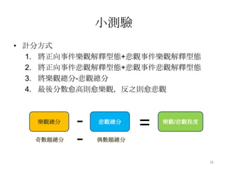 小測驗計分方式將正向事件樂觀解釋型態+悲觀事件樂觀解釋型態將正向事件悲觀解釋型態+悲觀事件悲觀解釋型態將樂觀總分-悲觀總分最後分數愈高則愈樂觀，反之則愈悲觀18-=樂觀總分悲觀總分樂觀/悲觀程度-奇數題總分偶數題總分