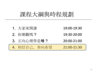 樂觀與悲觀樂觀的迷思樂觀者若樂觀過度，凡事以為天絕對 不會塌下來，根本不去解決問題，這也屬於負面思考。過度樂觀或過度悲觀，以致不去解決問題，都是負面思考悲觀者，就一定會被挫折擊敗、無法成功嗎？答案是否定的。若你悲觀，卻擁有解決問題的企圖心與方法，你就是正面思考者，或是所謂「防衛型的悲觀」（defensive pessimism）雖然不同於樂觀的人，但也會在職場上有良好表現，而其與悲觀者最大的不同，就是有解決問題的能力與動力研究指出，稍微悲觀者，相對於樂觀者是更能精準的審時度勢29