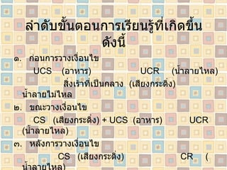 ลำดับขั้นตอนการเรียนรู้ที่เกิดขึ้นดังนี้ ๑ .  ก่อนการวางเงื่อนไข UCS  ( อาหาร )  UCR  ( น้ำลายไหล ) สิ่งเร้าที่เป็นกลาง  ( เสียงกระดิ่ง )  น้ำลายไม่ไหล ๒ .  ขณะวางเงื่อนไข CS   ( เสียงกระดิ่ง ) +  UCS   ( อาหาร )   UCR  ( น้ำลายไหล ) ๓ .  หลังการวางเงื่อนไข CS   ( เสียงกระดิ่ง )  CR  ( น้ำลายไหล ) 