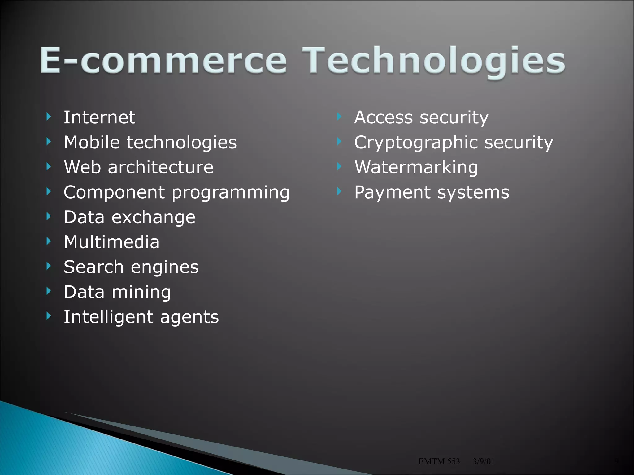 Internet Mobile technologies Web architecture Component programming  Data exchange Multimedia Search engines Data mining Intelligent agents Access security Cryptographic security Watermarking Payment systems 3/9/01 EMTM 553 