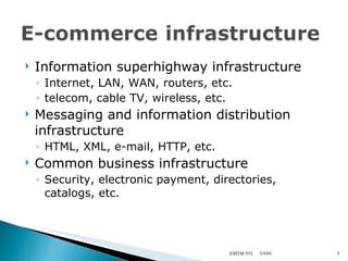 Information superhighway infrastructure Internet, LAN, WAN, routers, etc. telecom, cable TV, wireless, etc. Messaging and information distribution infrastructure HTML, XML, e-mail, HTTP, etc. Common business infrastructure Security, electronic payment, directories, catalogs, etc. 3/9/01 EMTM 553 