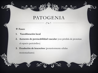 PATOGENIA

 Fases:

1.   Vasodilatación local

2. Aumento de permeabilidad vascular (con pérdida de proteínas
     al espacio pericárdico)

3. Exudación de leucocitos (posteriormente células
     mononucleares)
 