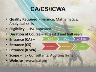 CA/CS/ICWA
• Quality Required - Finance, Mathematics,
  Analytical skills
• Eligibility - HSC appeared
• Duration of Course – at least 3 and half years
• Entrance (CA) –          CPT       IPCC     CA Final
• Entrance (CS) –        Foundation Executive   Final

• Entrance (ICWA) –
• Scope – Tax Consultants, Auditing firms
• Website - www.icai.org
 