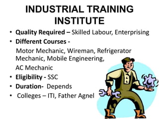 INDUSTRIAL TRAINING
          INSTITUTE
• Quality Required – Skilled Labour, Enterprising
• Different Courses -
  Motor Mechanic, Wireman, Refrigerator
  Mechanic, Mobile Engineering,
  AC Mechanic
• Eligibility - SSC
• Duration- Depends
• Colleges – ITI, Father Agnel
 