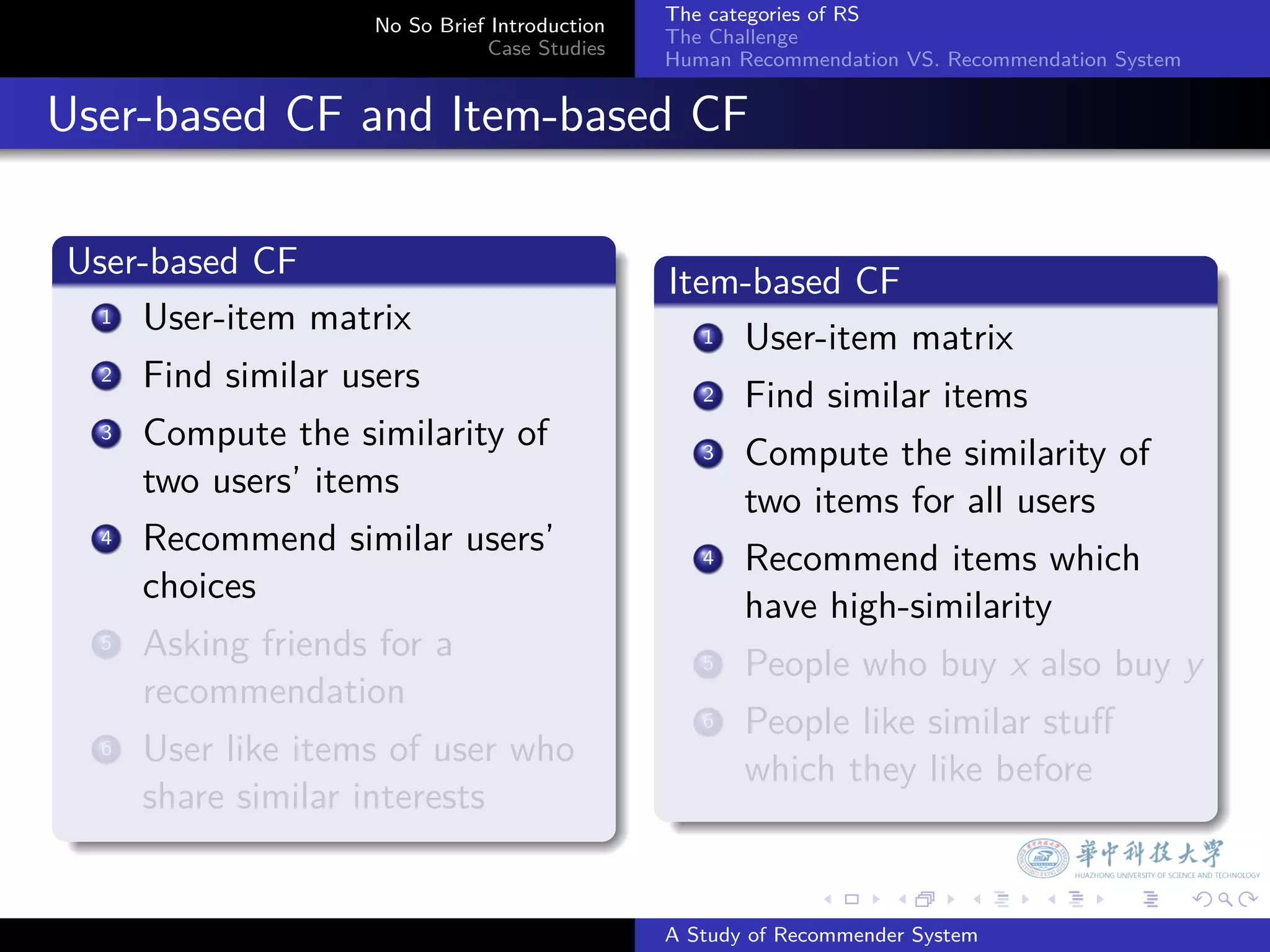 The categories of RS
                      No So Brief Introduction
                                                 The Challenge
                                 Case Studies
                                                 Human Recommendation VS. Recommendation System


. User-based CF and Item-based CF
  .
  User-based CF                                  .
  .                                              Item-based CF
     .
    1 User-item matrix                           .
                                                     .
                                                    1 User-item matrix
     .
    2 Find similar users
                                                     .
                                                    2 Find similar items
      3. Compute the similarity of
                                                     3. Compute the similarity of
         two users’ items
                                                        two items for all users
       .
      4 Recommend similar users’
                                                     4. Recommend items which
          choices
                                                        have high-similarity
      5. Asking friends for a
                                                     5. People who buy x also buy y
         recommendation
                                                      .
                                                     6 People like similar stuﬀ
       .
      6 User like items of user who
                                                         which they like before
         share similar interests                 .
  .
                                                               .     .      .     .      .        .

                                                 A Study of Recommender System
 