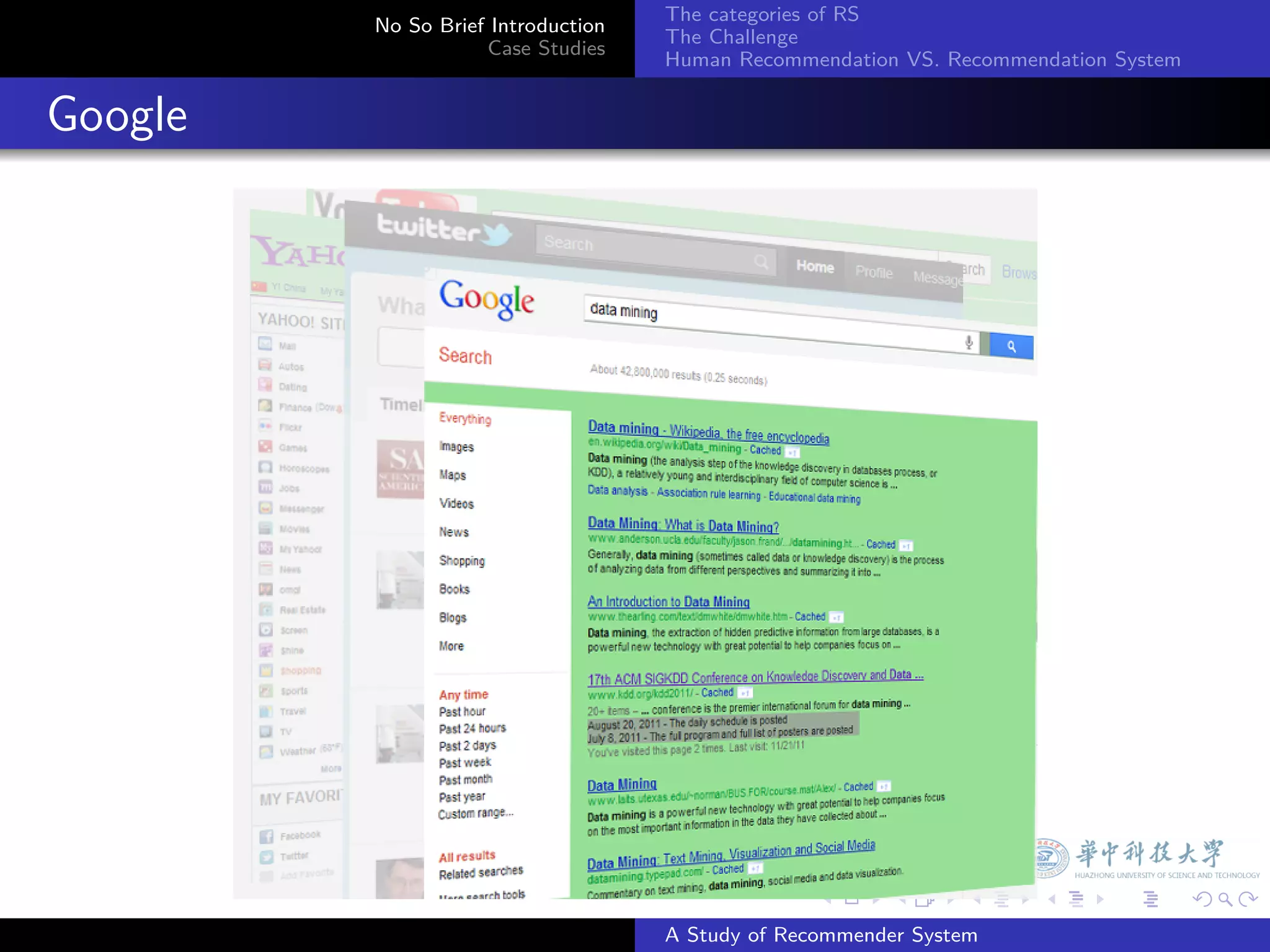 The categories of RS
           No So Brief Introduction
                                      The Challenge
                      Case Studies
                                      Human Recommendation VS. Recommendation System


. Google




                                                    .     .      .     .      .        .

                                      A Study of Recommender System
 