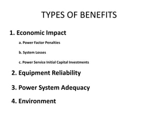 TYPES OF BENEFITS
1. Economic Impact
  a. Power Factor Penalties

  b. System Losses

  c. Power Service Initial Capital Investments

2. Equipment Reliability

3. Power System Adequacy
4. Environment
 