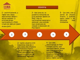 História

1 - Historicamente, a                 3 - Nos anos 50, os                    5 -  Em 1975, com a
região tem ideais                     primeiros militantes da                morte do ditador
separatistas desde o                  ETA estavam ligados ao                 Franco, a questão
século passado. O                     PNV. Mas os                            basca passa a ser
principal grupo                       nacionalistas passaram a               discutida      mais
nacionalista é o PNV,                 defender uma posição                   livremente.
criado em 1895 por Sabín              mais moderada em
Arana Goiri.                          relação à separação do
                                      País Basco.



            1                2                 3                    4                 5



                    2 - Após a Guerra Civil                 4 - Em 1959,
                    Espanhola (1936-39), o                  discordantes do PNV
                    país passa pela ditadura                fundam a ETA, que,
                    de Francisco Franco,                    sete anos depois, optam
                    que se caracteriza por                  pela luta armada para
                    forte centralismo do                    protestar contra a
                    Estado e proibição de                   ditadura franquista e
                    autonomias regionais.                   defender a autonomia
                                                            para a região basca.
 