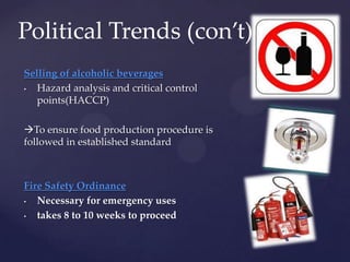 Political Trends (con’t)
Selling of alcoholic beverages
•  Hazard analysis and critical control
   points(HACCP)

To ensure food production procedure is
followed in established standard



Fire Safety Ordinance
•  Necessary for emergency uses
•  takes 8 to 10 weeks to proceed
 