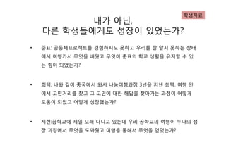 학생자료
           내가 아닌,
    다른 학생들에게도 성장이 있었는가?
•   준표: 공동체프로젝트를 경험하지도 못하고 우리를 잘 알지 못하는 상태
    에서 여행가서 무엇을 배웠고 무엇이 준표의 학교 생활을 유지할 수 있
    는 힘이 되었는가?



•   희택: 나와 같이 중국에서 와서 나눔여행과정 3년을 지낸 희택. 여행 안
    에서 고민거리를 찾고 그 고민에 대한 해답을 찾아가는 과정이 어떻게
    도움이 되었고 어떻게 성장했는가?



•   지현:꿈학교에 제일 오래 다니고 있는데 우리 꿈학교의 여행이 누나의 성
    장 과정에서 무엇을 도와줬고 여행을 통해서 무엇을 얻었는가?
 
