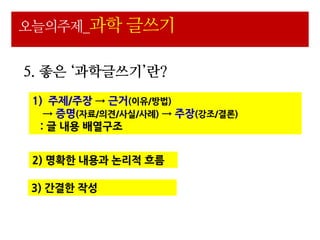 오늘의주제_과학 글쓰기


5. 좋은 ‘과학글쓰기’란?
 1) 주제/주장 → 근거(이유/방법)
   → 증명(자료/의견/사실/사례) → 주장(강조/결론)
  : 글 내용 배열구조


 2) 명확핚 내용과 논리적 흐름

3) 간결핚 작성
 