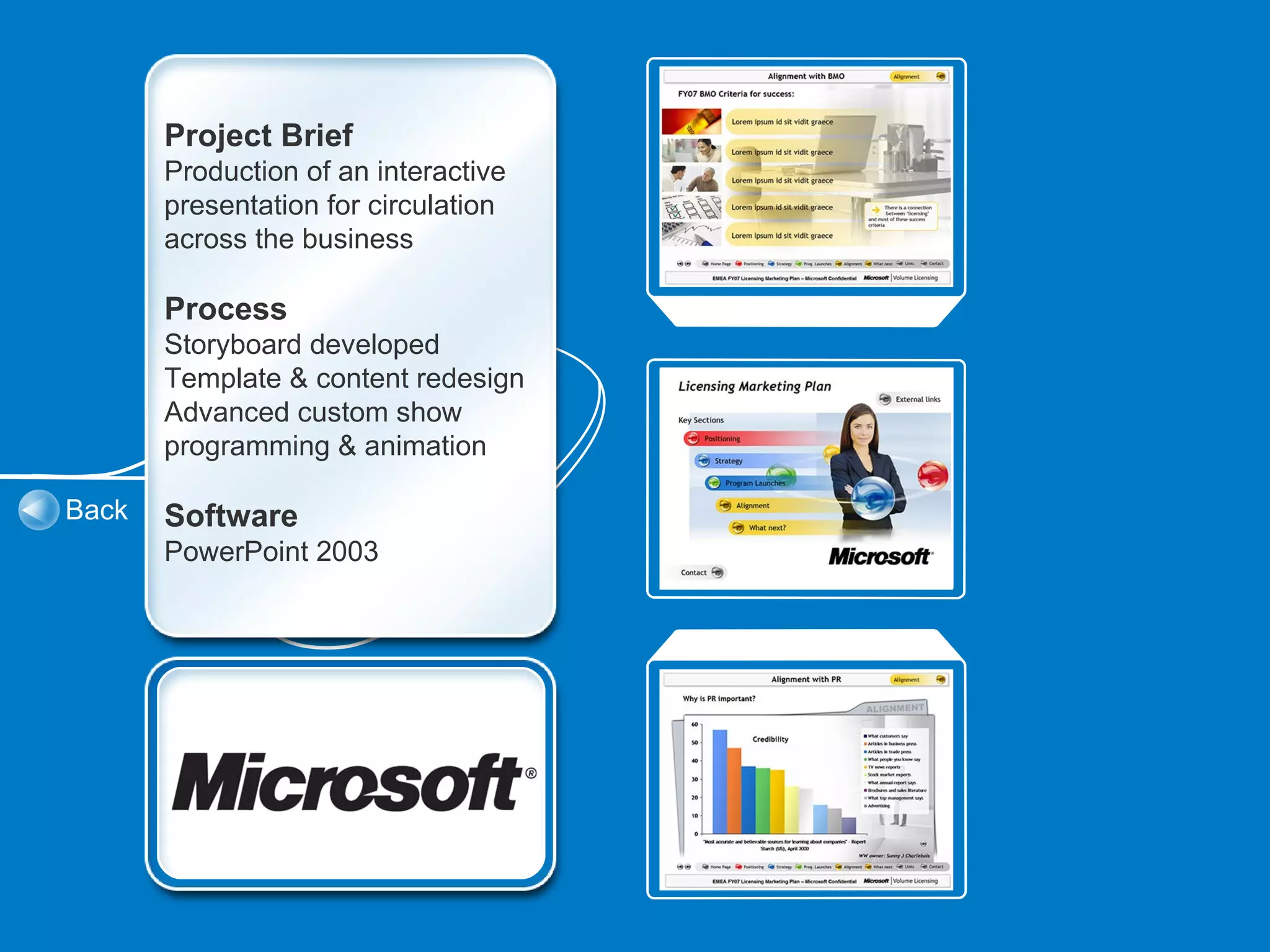 Project Brief
       Production of an interactive
       presentation for circulation
       across the business

       Process
       Storyboard developed
       Template & content redesign
       Advanced custom show
       programming & animation

Back   Software
       PowerPoint 2003
 