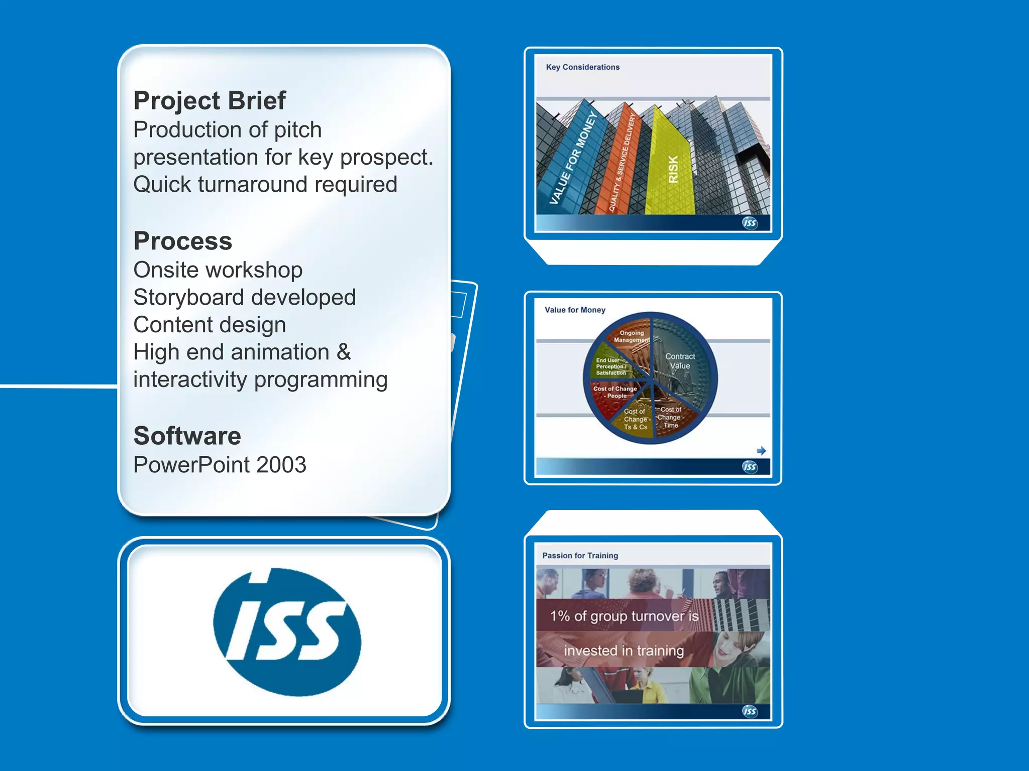 Project Brief
Production of pitch
presentation for key prospect.
Quick turnaround required

Process
Onsite workshop
Storyboard developed
Content design
High end animation &
interactivity programming

Software
PowerPoint 2003
 