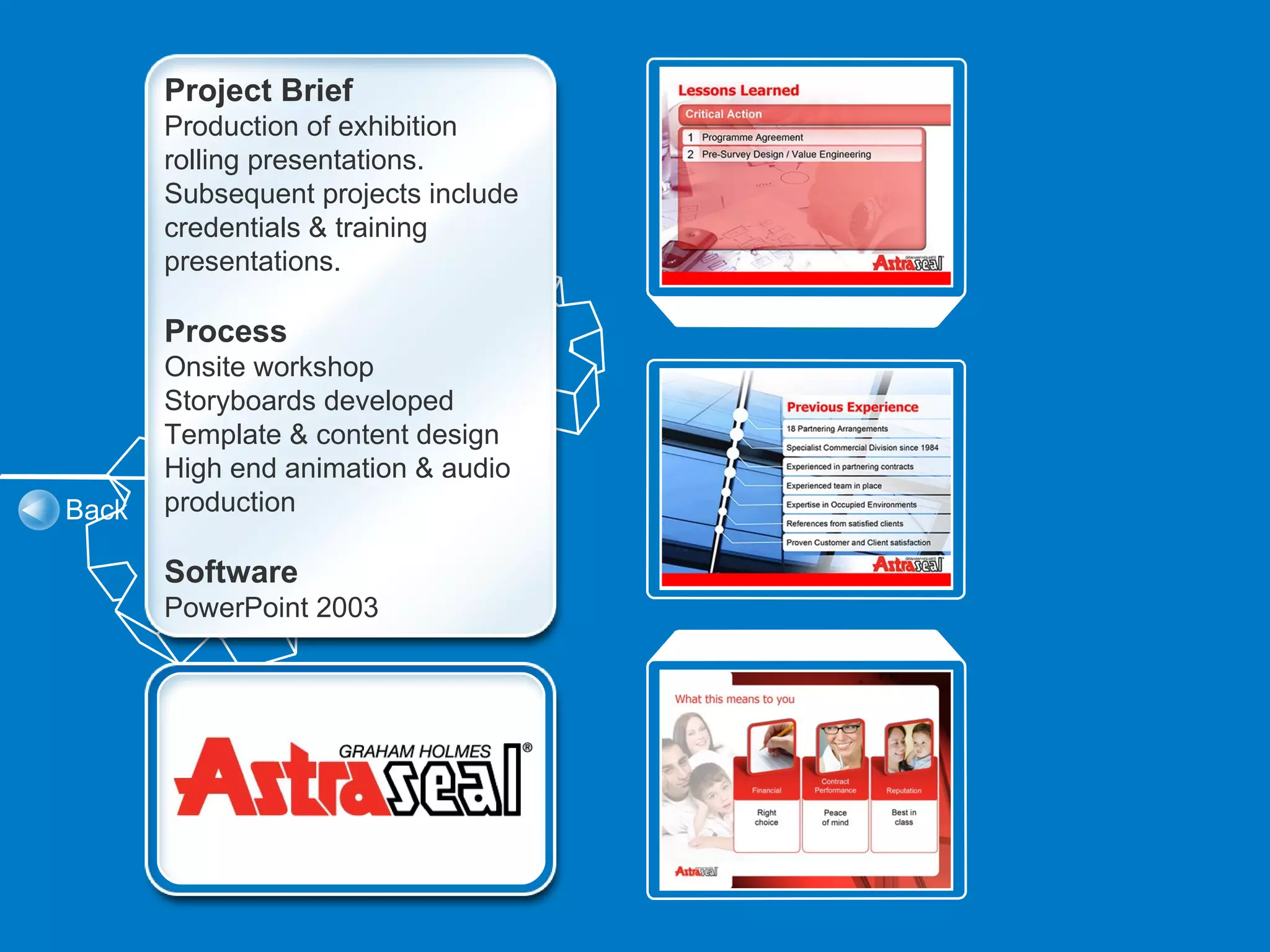 Project Brief
       Production of exhibition
       rolling presentations.
       Subsequent projects include
       credentials & training
       presentations.

       Process
       Onsite workshop
       Storyboards developed
       Template & content design
       High end animation & audio
Back   production

       Software
       PowerPoint 2003
 