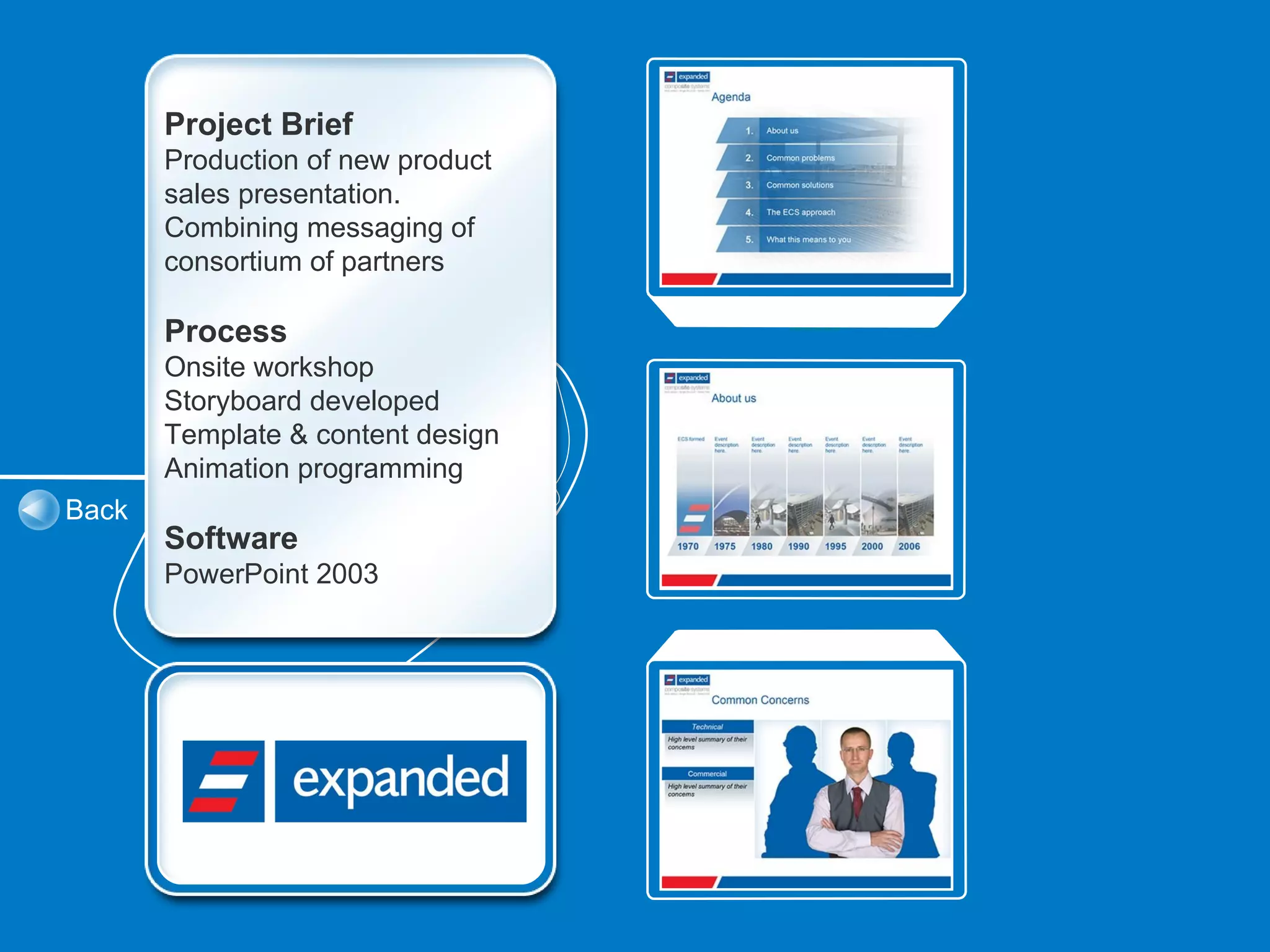 Project Brief
       Production of new product
       sales presentation.
       Combining messaging of
       consortium of partners

       Process
       Onsite workshop
       Storyboard developed
       Template & content design
       Animation programming
Back
       Software
       PowerPoint 2003
 