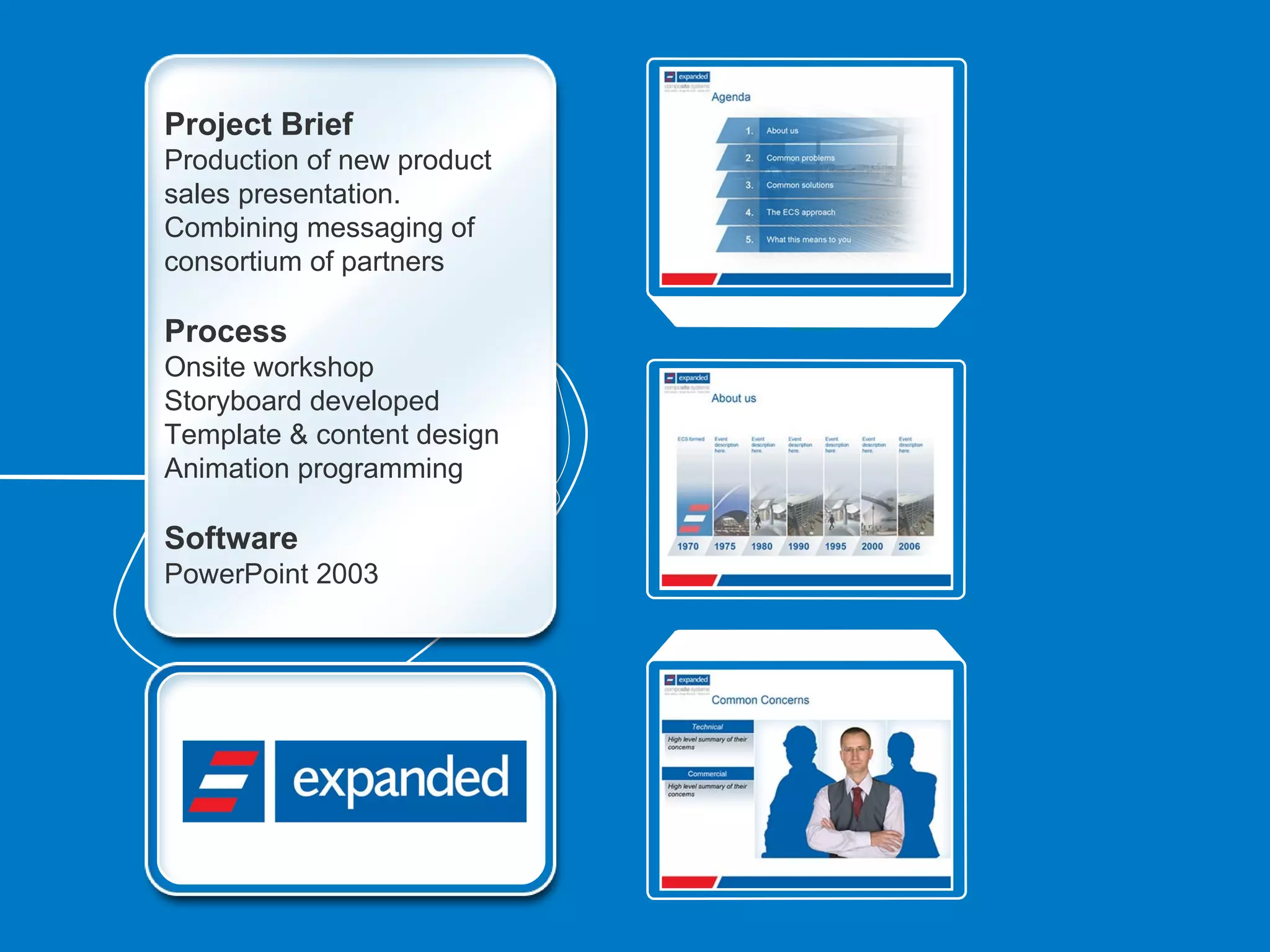 Project Brief
Production of new product
sales presentation.
Combining messaging of
consortium of partners

Process
Onsite workshop
Storyboard developed
Template & content design
Animation programming

Software
PowerPoint 2003
 