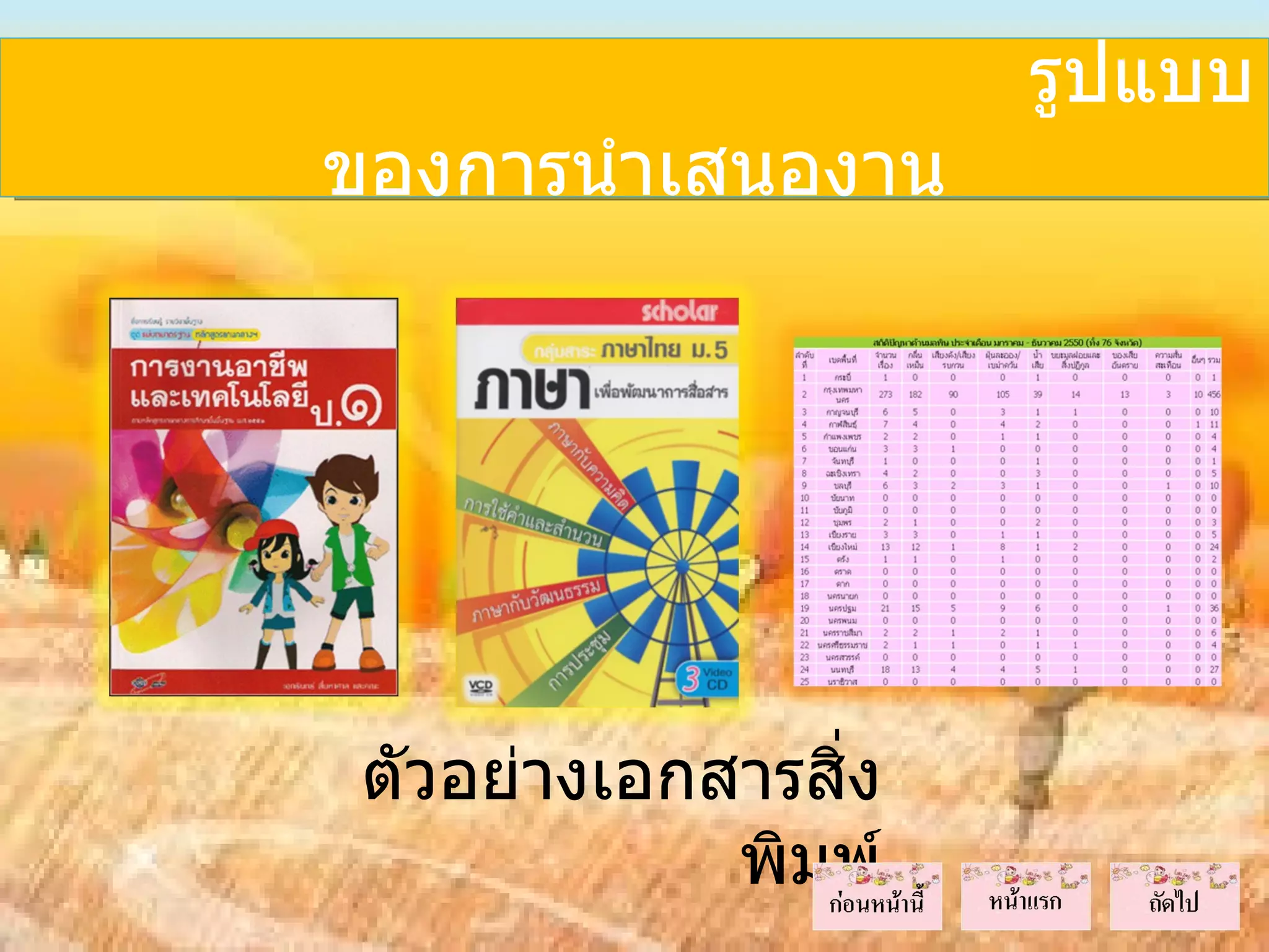 รูปแบบ
ของการนำาเสนองาน




ตัวอย่างเอกสารสิ่ง
            พิมพ์
 