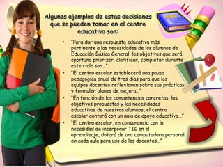 Algunos ejemplos de estas decisiones
  que se pueden tomar en el centro
           educativo son:
      •   “Para dar una respuesta educativa más
          pertinente a las necesidades de los alumnos de
          Educación Básica General, los objetivos que será
          oportuno priorizar, clarificar, completar durante
          este ciclo son…”
      •   “El centro escolar establecerá una pausa
          pedagógica anual de tres días para que los
          equipos docentes reflexionen sobre sus prácticas
          y formulen planes de mejora…”
      •   “En función de las competencias concretas, los
          objetivos propuestos y las necesidades
          educativas de nuestros alumnos, el centro
          escolar contará con un aula de apoyo educativo...”
      •   “El centro escolar, en consonancia con la
          necesidad de incorporar TIC en el
          aprendizaje, dotará de una computadora personal
          en cada aula para uso de los docentes…”
 