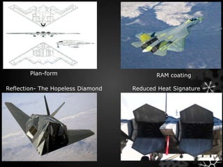 Plan-form                         RAM coating

Reflection- The Hopeless Diamond   Reduced Heat Signature
 