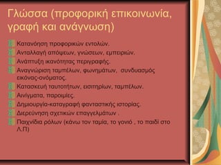 Γλώσσα (προφορική επικοινωνία,
γραφή και ανάγνωση)
 Κατανόηση προφορικών εντολών.
 Ανταλλαγή απόψεων, γνώσεων, εμπειριών.
 Ανάπτυξη ικανότητας περιγραφής.
 Αναγνώριση ταμπέλων, φωνημάτων, συνδυασμός
 εικόνας-ονόματος.
 Κατασκευή ταυτοτήτων, εισιτηρίων, ταμπέλων.
 Αινίγματα, παροιμίες.
 Δημιουργία-καταγραφή φανταστικής ιστορίας.
 Διερεύνηση σχετικών επαγγελμάτων .
 Παιχνίδια ρόλων (κάνω τον ταμία, το γονιό , το παιδί στο
 Λ.Π)
 