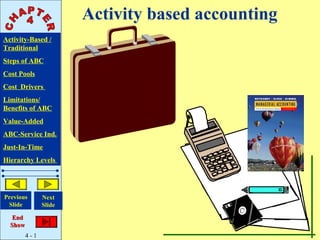 Activity based accounting
Activity-Based /
Traditional
Steps of ABC
Cost Pools
Cost Drivers
Limitations/
Benefits of ABC
Value-Added
ABC-Service Ind.
Just-In-Time
Hierarchy Levels




Previous       Next
 Slide         Slide                          S
                                         EL

   End
  Show
         4-1
 