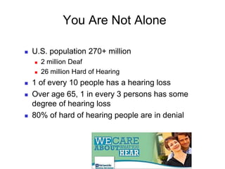 You Are Not Alone
Understanding Hearing Loss


       U.S. population 270+ million
           2 million Deaf
           26 million Hard of Hearing
       1 of every 10 people has a hearing loss
       Over age 65, 1 in every 3 persons has some
        degree of hearing loss
       80% of hard of hearing people are in denial
 