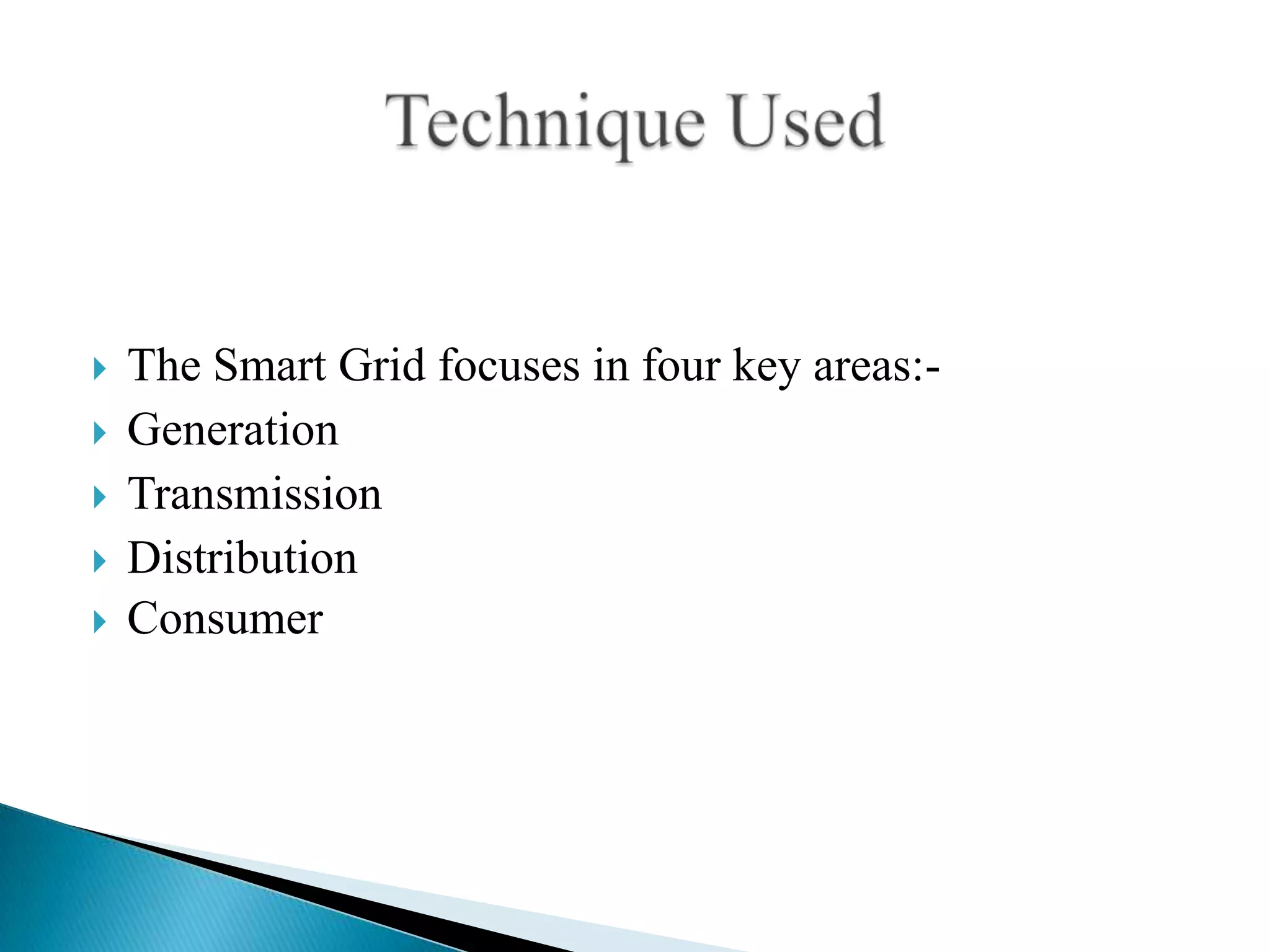    The Smart Grid focuses in four key areas:-
   Generation
   Transmission
   Distribution
   Consumer
 