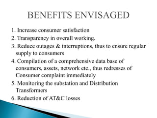 1. Increase consumer satisfaction
2. Transparency in overall working.
3. Reduce outages & interruptions, thus to ensure regular
  supply to consumers
4. Compilation of a comprehensive data base of
  consumers, assets, network etc., thus redresses of
  Consumer complaint immediately
5. Monitoring the substation and Distribution
  Transformers
6. Reduction of AT&C losses
 