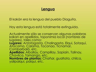 Lengua <ul><li>El kakán era la lengua del pueblo Diaguita. </li></ul><ul><li>Hoy esta lengua está totalmente extinguida.  ...