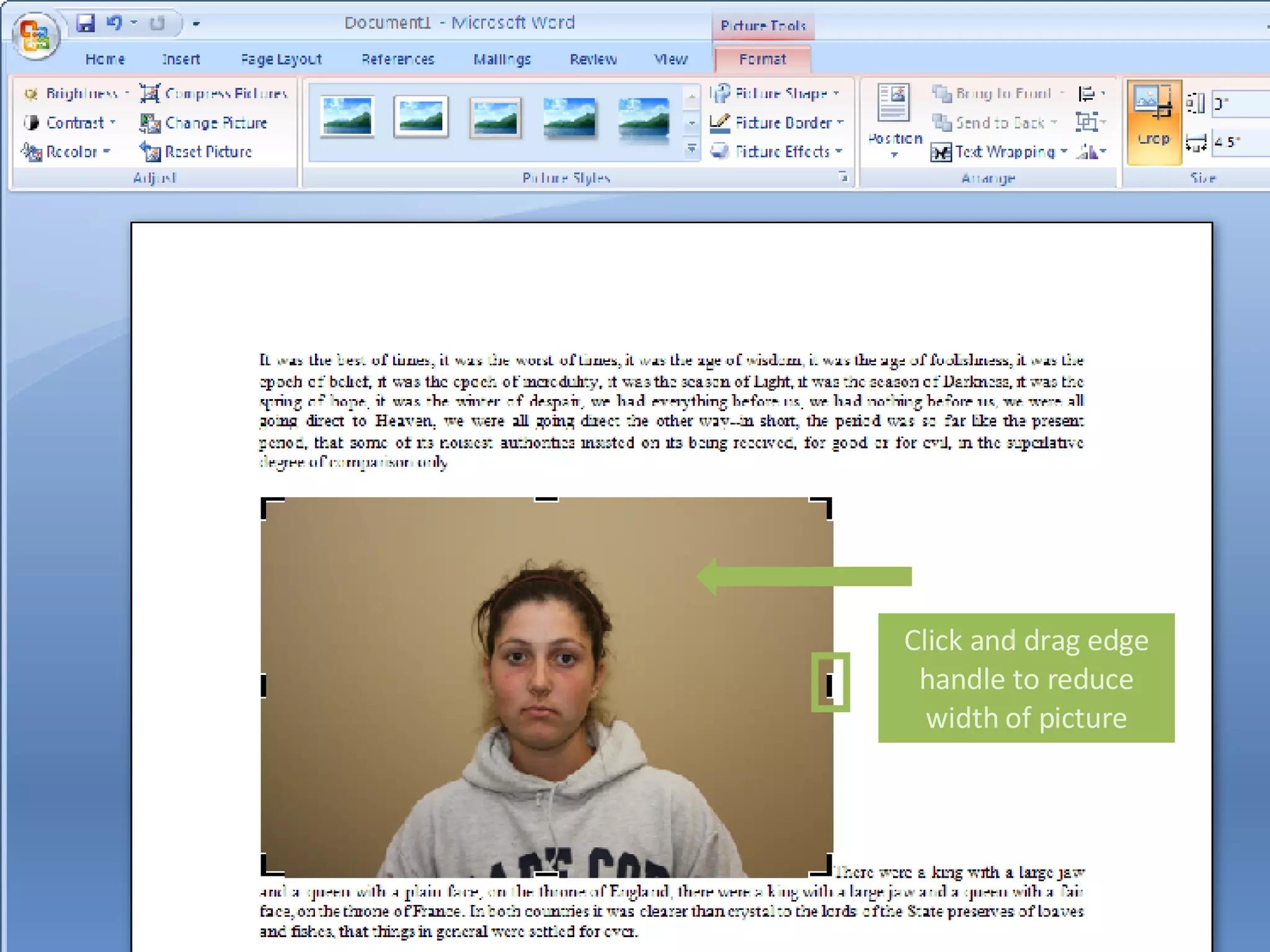 Click and drag edge handle to reduce width of picture