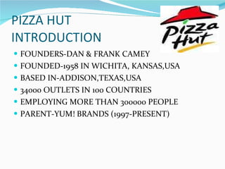 PIZZA HUT INTRODUCTION FOUNDERS-DAN & FRANK CAMEY FOUNDED-1958 IN WICHITA, KANSAS,USA BASED IN-ADDISON,TEXAS,USA 34000 OUTLETS IN 100 COUNTRIES EMPLOYING MORE THAN 300000 PEOPLE PARENT-YUM! BRANDS (1997-PRESENT) 
