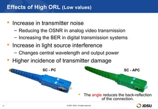 Effects of High ORL (Low values)

      Increase in transmitter noise
       – Reducing the OSNR in analog video transmission
       – Increasing the BER in digital transmission systems
      Increase in light source interference
       – Changes central wavelength and output power
      Higher incidence of transmitter damage
                    SC - PC                                           SC - APC




                                               The angle reduces the back-reflection
                                                         of the connection.
11                             © 2007 JDSU. All rights reserved.
 