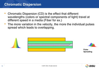 Chromatic Dispersion

      Chromatic Dispersion (CD) is the effect that different
       wavelengths (colors or spectral components of light) travel at
       different speed in a media (Fiber for ex.)
      The more variation in the velocity, the more the individual pulses
       spread which leads to overlapping.




                                                                     Pulse
                                                                     Spreading




12                               © 2007 JDSU. All rights reserved.
 
