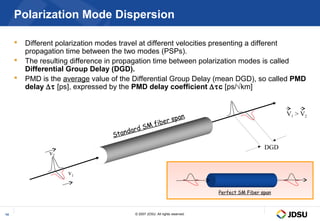 Polarization Mode Dispersion

        Different polarization modes travel at different velocities presenting a different
         propagation time between the two modes (PSPs).
        The resulting difference in propagation time between polarization modes is called
         Differential Group Delay (DGD).
        PMD is the average value of the Differential Group Delay (mean DGD), so called PMD
         delay ∆τ [ps], expressed by the PMD delay coefficient ∆τc [ps/√km]


                                                                                                     V1 > V2
                                                              an
                                                     fiber sp
                                            SM
                                       dard
                                  Stan
                                                                                               DGD
                v2


                     v1

                                                                             Perfect SM Fiber span



14                                       © 2007 JDSU. All rights reserved.
 
