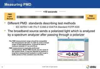 Measuring PMD
                                                        <10 seconds
       PMD
       Light                                                                               PMD
      Source                                                                              Receiver

      Different PMD standards describing test methods
               • IEC 60793-1-48/ ITU-T G.650.2/ EIA/TIA Standard FOTP-XXX
      The broadband source sends a polarized light which is analyzed
       by a spectrum analyzer after passing through a polarizer
        The PMD measurement range should be compatible
           the transmission bit rate. In order to cover a broad
           range of field applications, it should be able to
           measure between 0.1 ps and 60 ps.
        PMD measurement is typically performed
           unidirectional. When PMD results are too close to
           the system limits, it may be required to perform a
           long term measurement analysis in order to get a
           better picture of the variation over the time.




                                              ps
33                                                    © 2007 JDSU. All rights reserved.
 