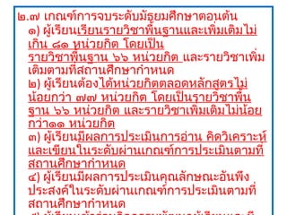 ๒.๗ เกณฑ์การจบระดับมัธยมศึกษาตอนต้น
  ๑) ผู้เรียนเรียนรายวิชาพื้นฐานและเพิ่มเติมไม่
  เกิน ๘๑ หน่วยกิต โดยเป็น
  รายวิชาพื้นฐาน ๖๖ หน่วยกิต และรายวิชาเพิ่ม
  เติมตามที่สถานศึกษากำาหนด
  ๒) ผูเรียนต้องได้หน่วยกิตตลอดหลักสูตรไม่
        ้
  น้อยกว่า ๗๗ หน่วยกิต โดยเป็นรายวิชาพื้น
  ฐาน ๖๖ หน่วยกิต และรายวิชาเพิ่มเติมไม่น้อย
  กว่า๑๑ หน่วยกิต
  ๓) ผูเรียนมีผลการประเมินการอ่าน คิดวิเคราะห์
          ้
  และเขียนในระดับผ่านเกณฑ์การประเมินตามที่
  สถานศึกษากำาหนด
  ๔) ผู้เรียนมีผลการประเมินคุณลักษณะอันพึง
  ประสงค์ในระดับผ่านเกณฑ์การประเมินตามที่
  สถานศึกษากำาหนด
 