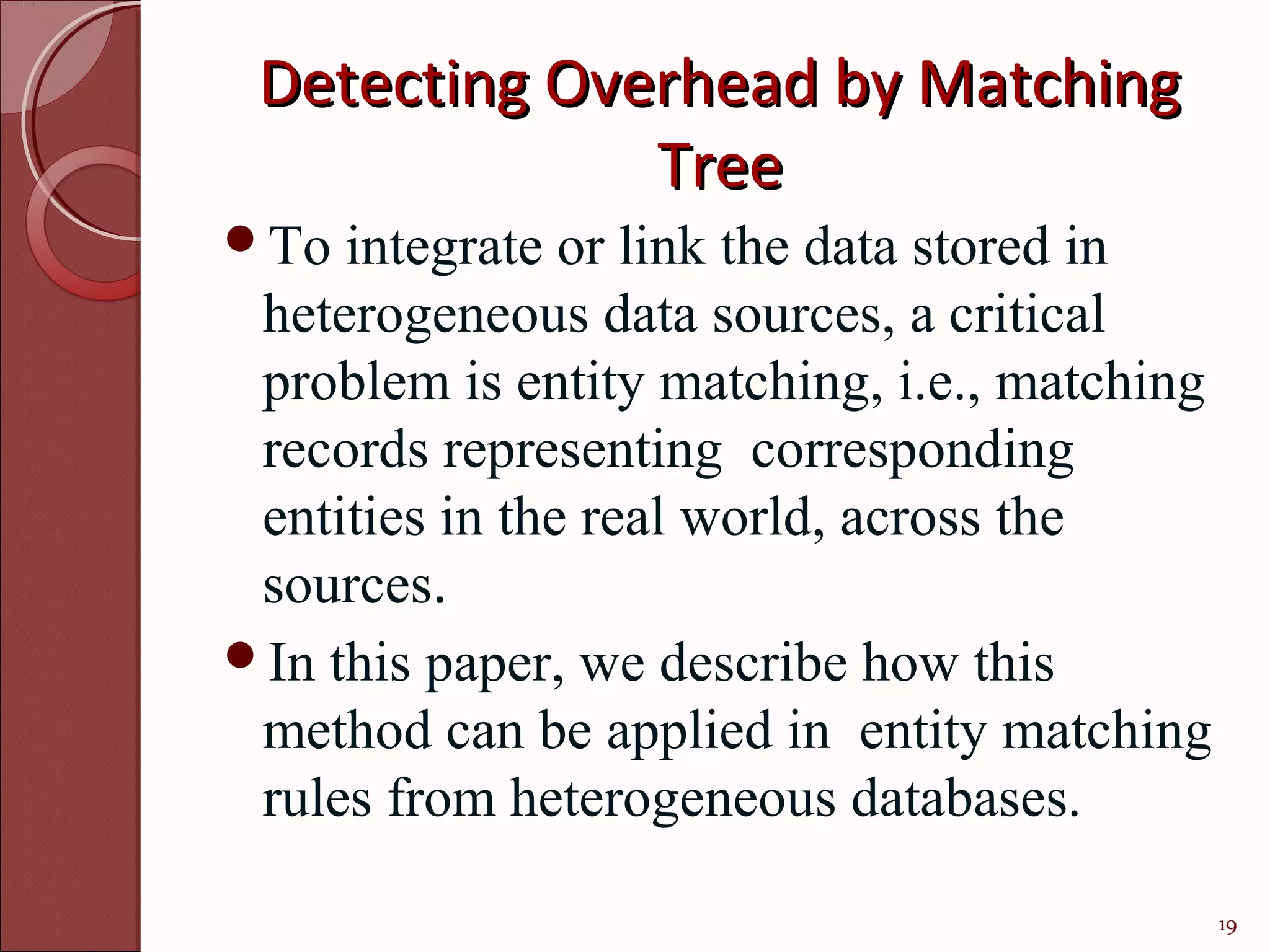 Detecting Overhead by Matching
              Tree
To  integrate or link the data stored in
 heterogeneous data sources, a critical
 problem is entity matching, i.e., matching
 records representing corresponding
 entities in the real world, across the
 sources.
In this paper, we describe how this
 method can be applied in entity matching
 rules from heterogeneous databases.

                                              19
 