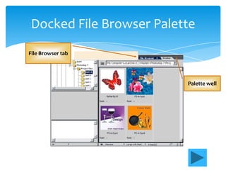 Docked File Browser Palette
File Browser tab




                         Palette well
 
